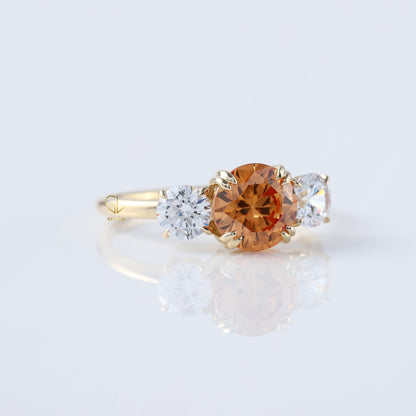 Round Cut Champagne Moissanite Three Stone Ring