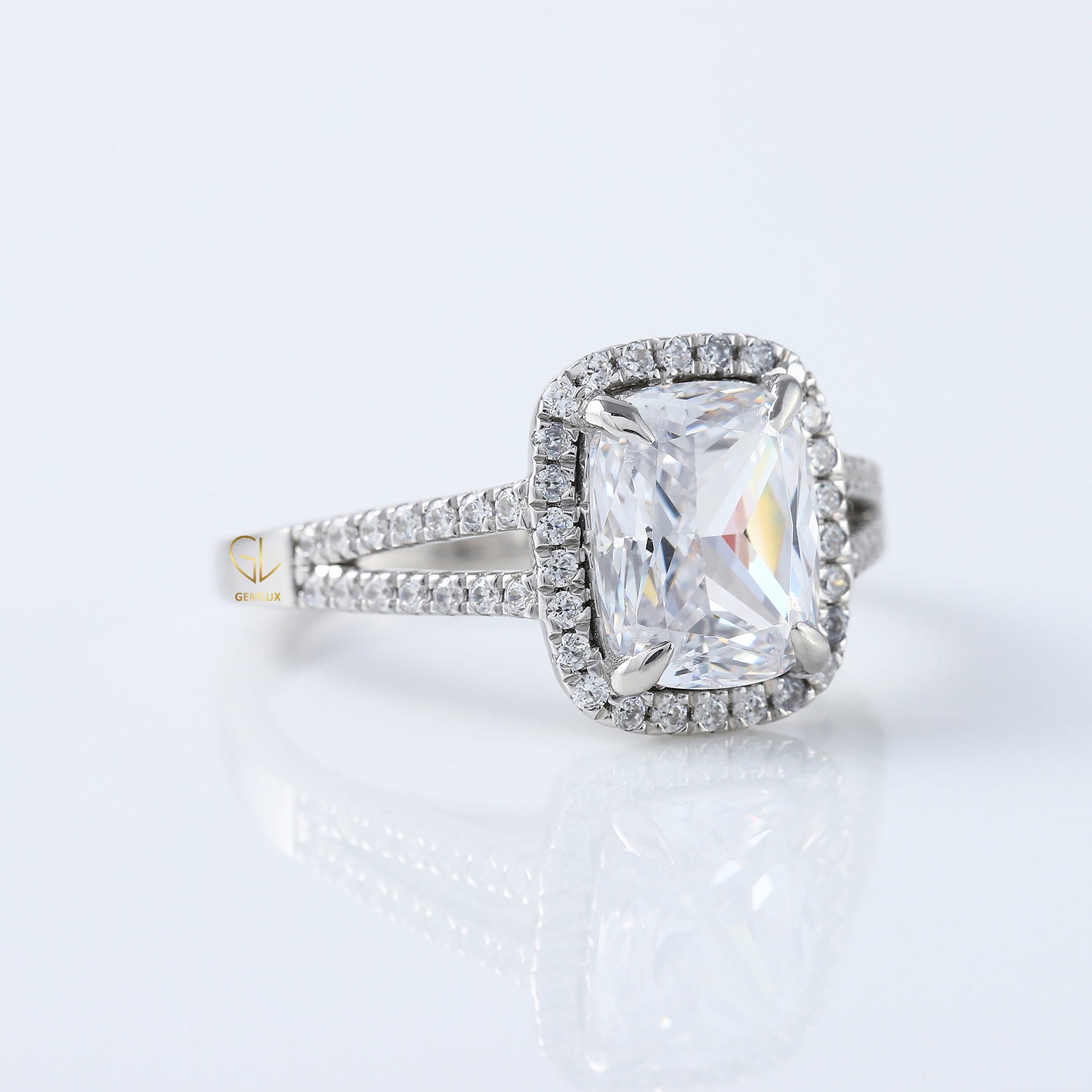 Split Shank Elongated Cushion Cut Lab Grown Halo Ring