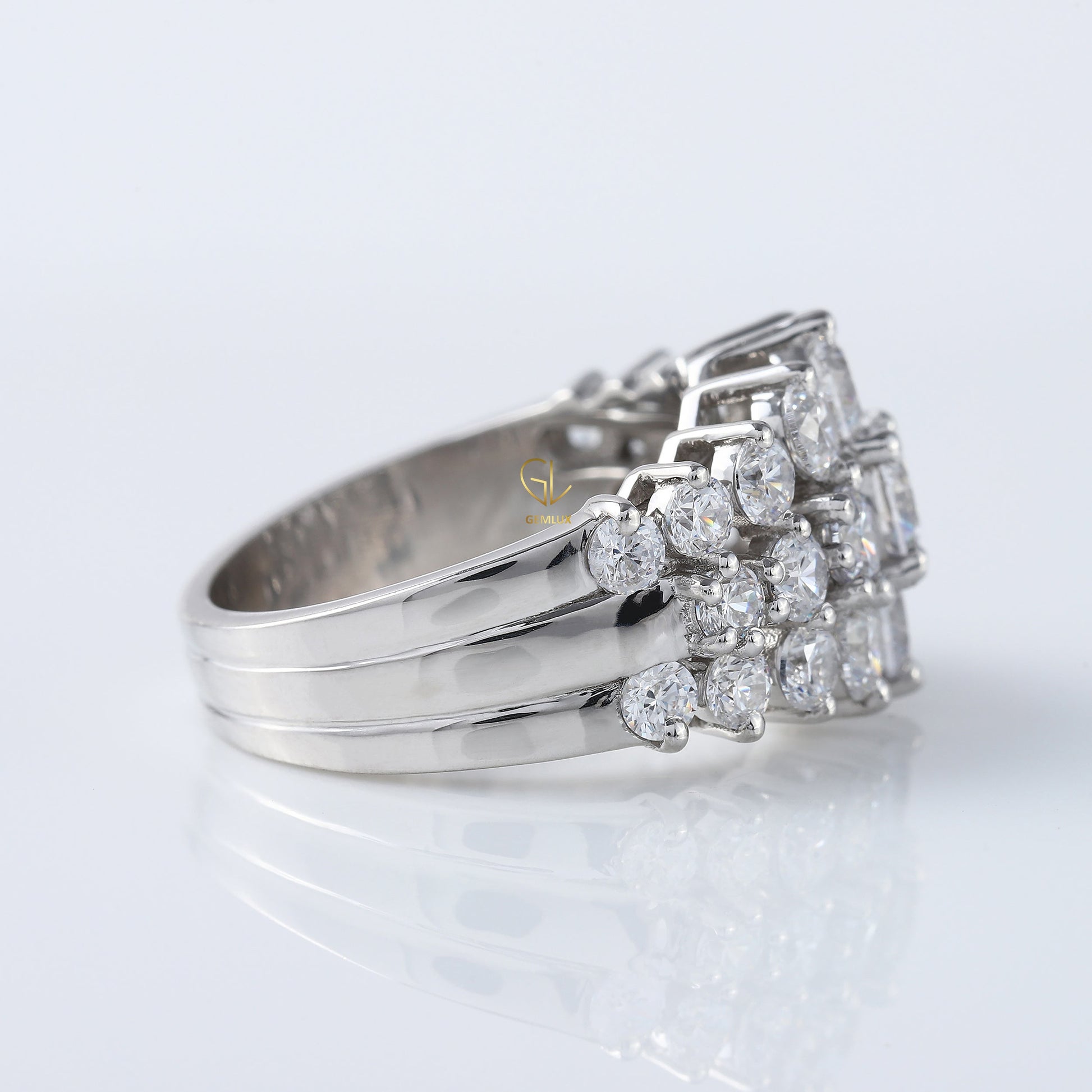 Art Deco Three Row Round Moissanite Half Eternity Wedding Band