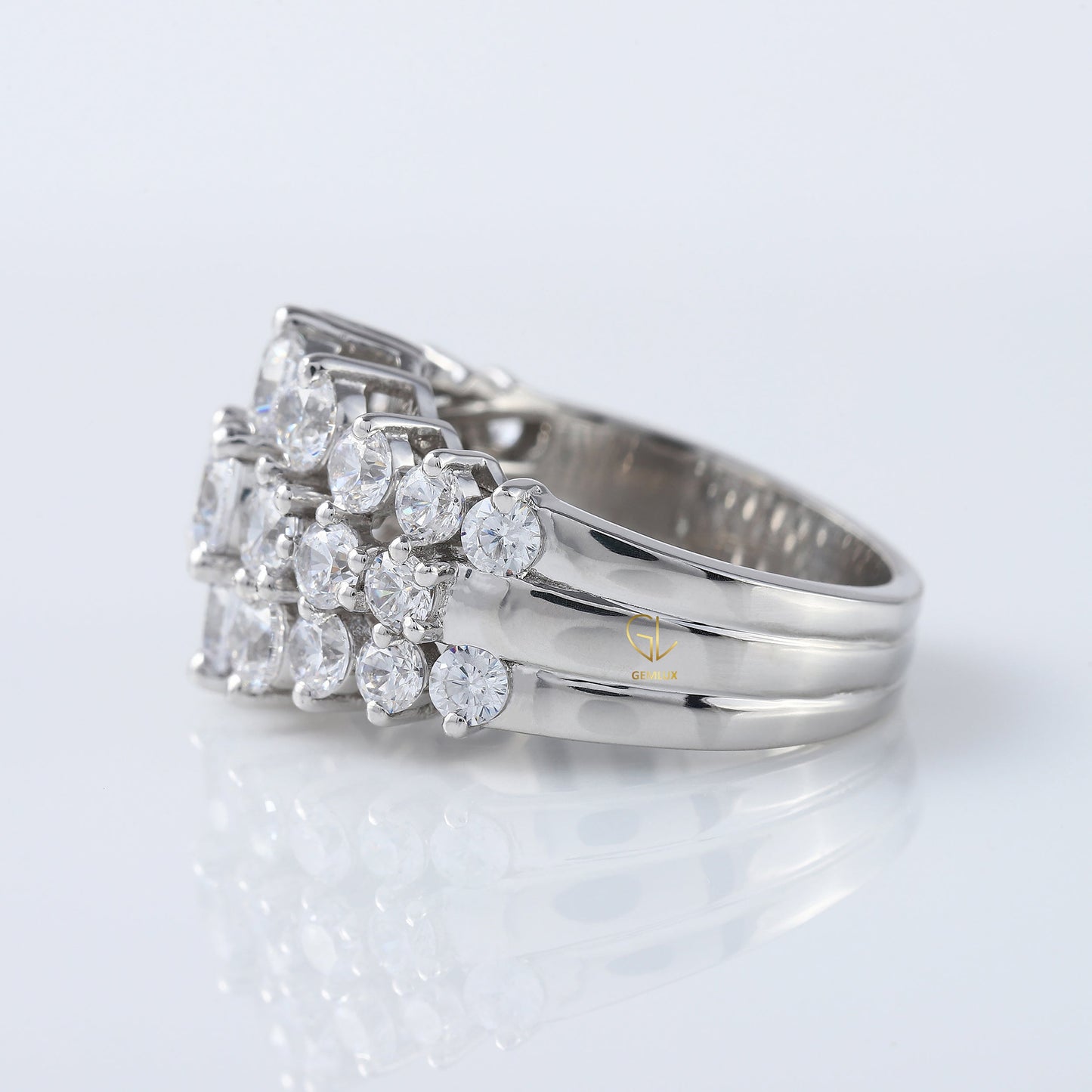 Art Deco Three Row Round Moissanite Half Eternity Wedding Band