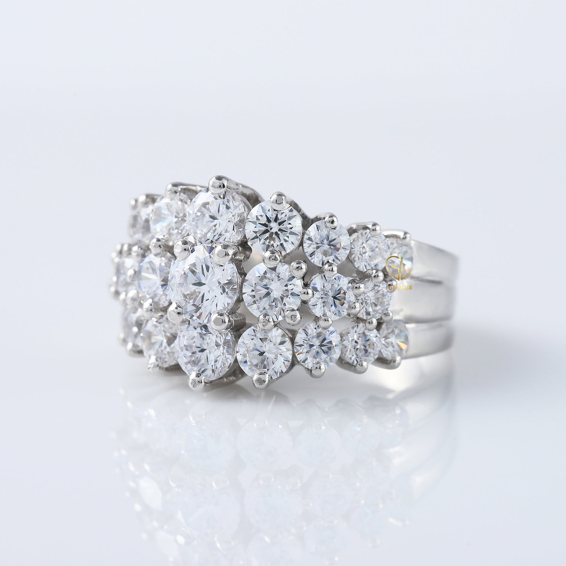 Art Deco Three Row Round Moissanite Half Eternity Wedding Band