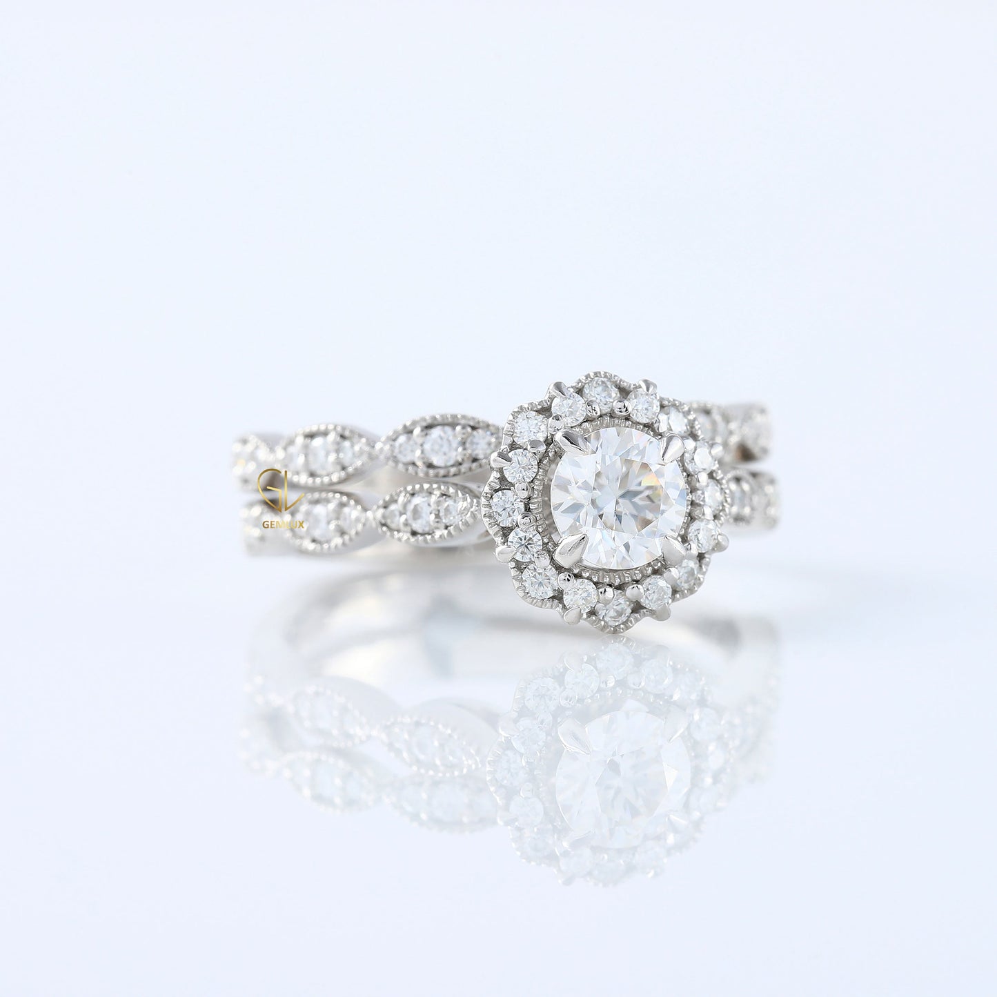 Vintage Inspired Round Moissanite Halo Ring With Milgrain Wedding Band Bridal Ring Set