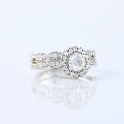 Vintage Inspired Round Moissanite Halo Ring With Milgrain Wedding Band Bridal Ring Set