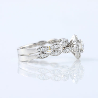 Vintage Inspired Round Moissanite Halo Ring With Milgrain Wedding Band Bridal Ring Set