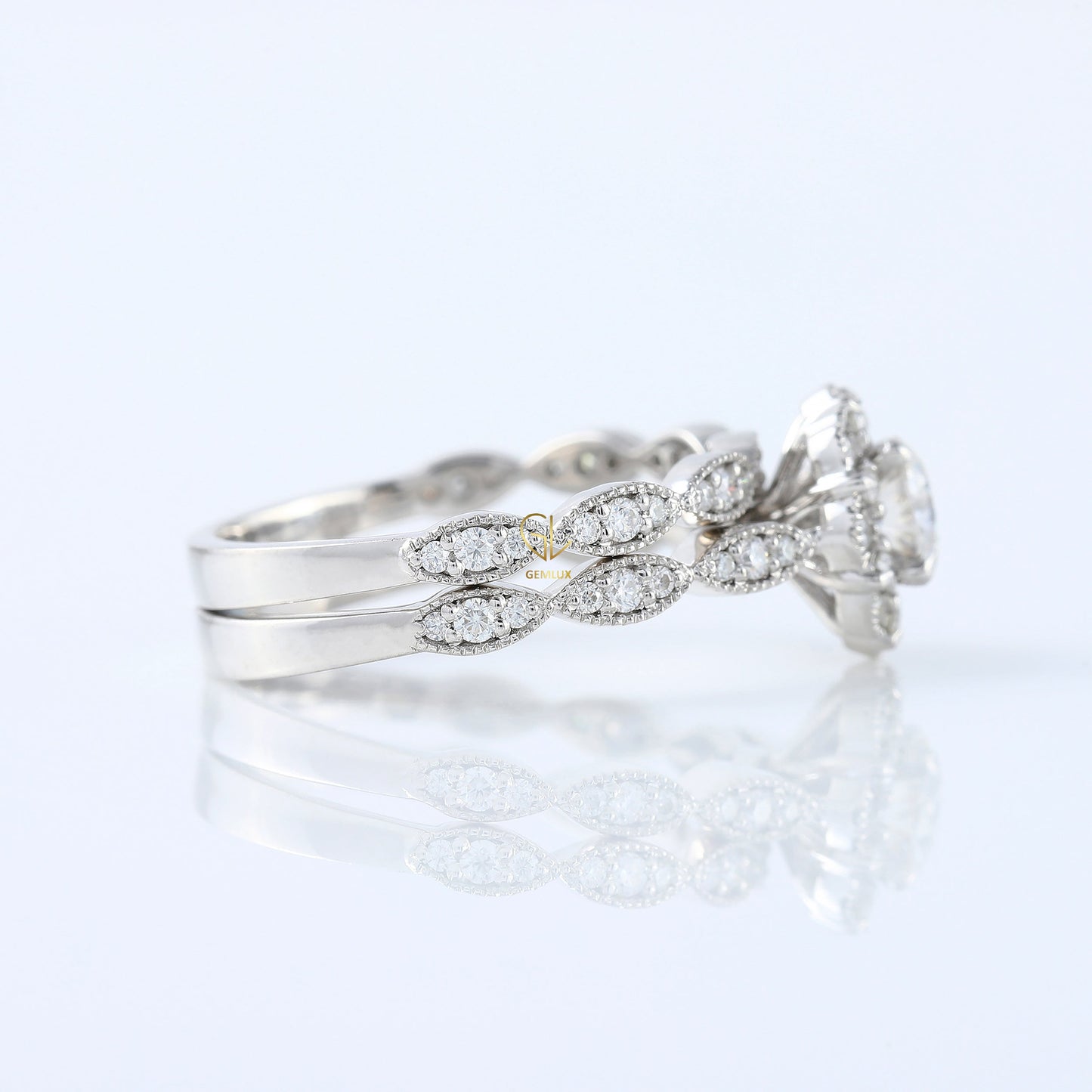Round Cut Lab Grown Diamond Vintage Art Deco Ring Set