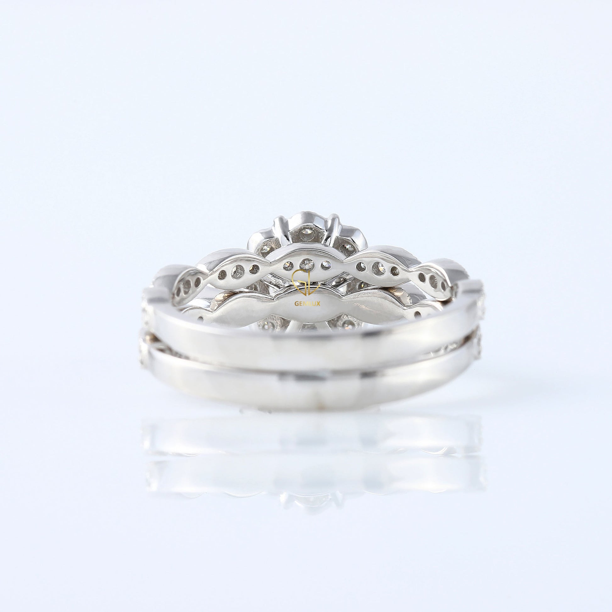 Vintage Inspired Round Moissanite Halo Ring With Milgrain Wedding Band Bridal Ring Set