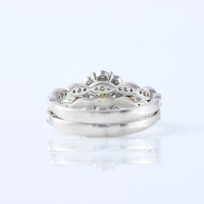 Vintage Inspired Round Moissanite Halo Ring With Milgrain Wedding Band Bridal Ring Set