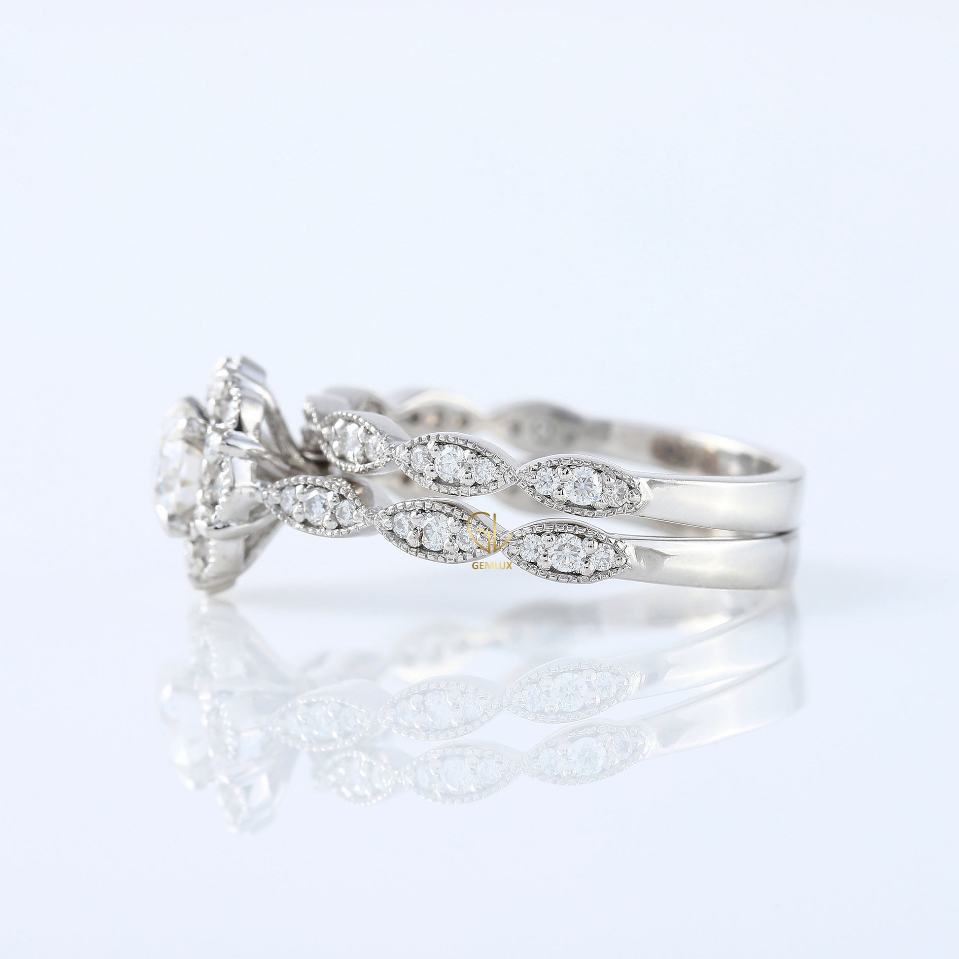 Vintage Inspired Round Moissanite Halo Ring With Milgrain Wedding Band Bridal Ring Set