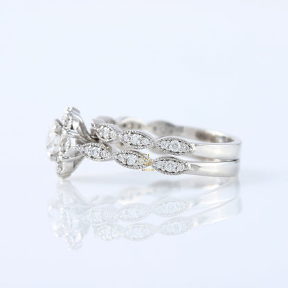 Vintage Inspired Round Moissanite Halo Ring With Milgrain Wedding Band Bridal Ring Set