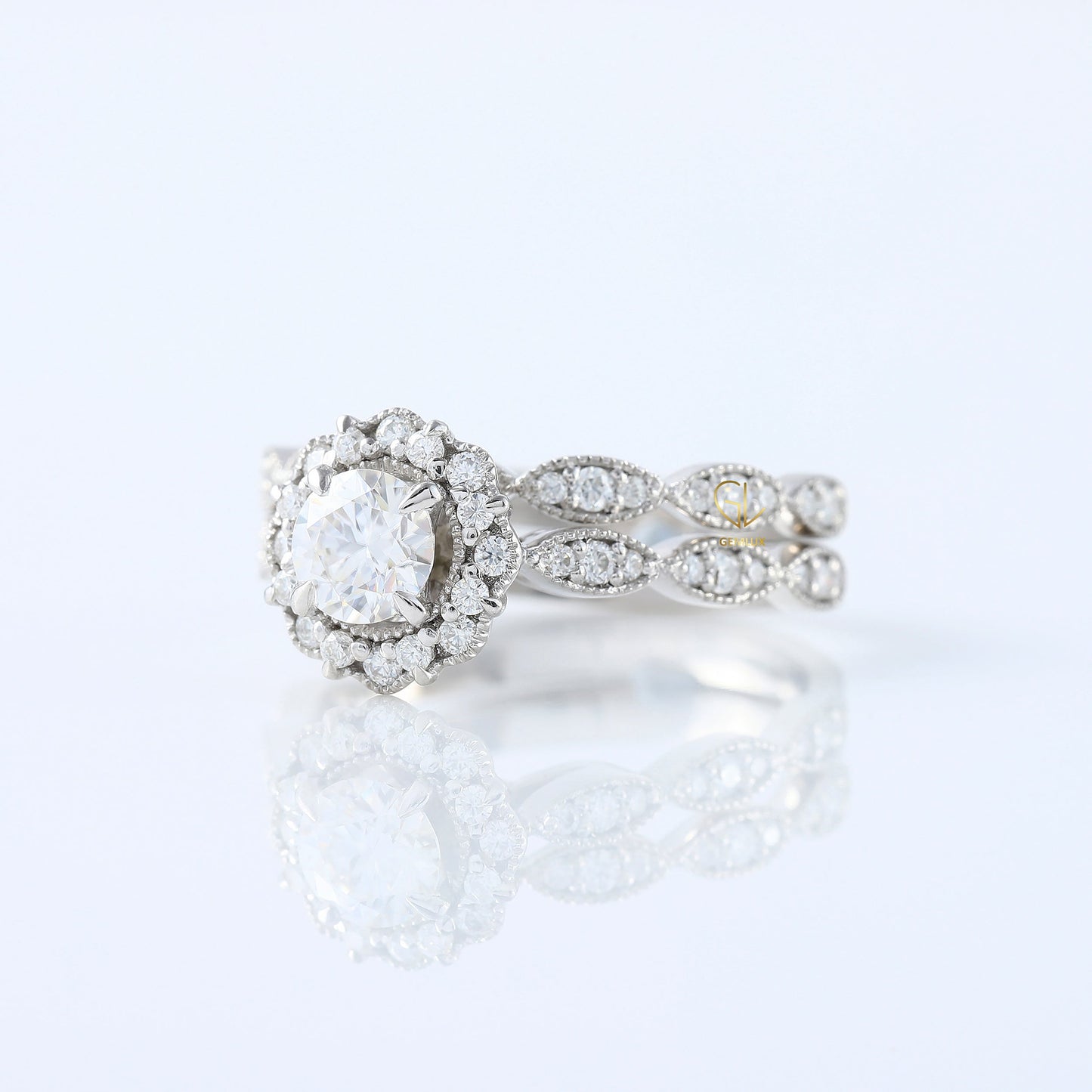 Vintage Inspired Round Moissanite Halo Ring With Milgrain Wedding Band Bridal Ring Set