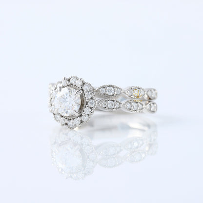 Vintage Inspired Round Moissanite Halo Ring With Milgrain Wedding Band Bridal Ring Set