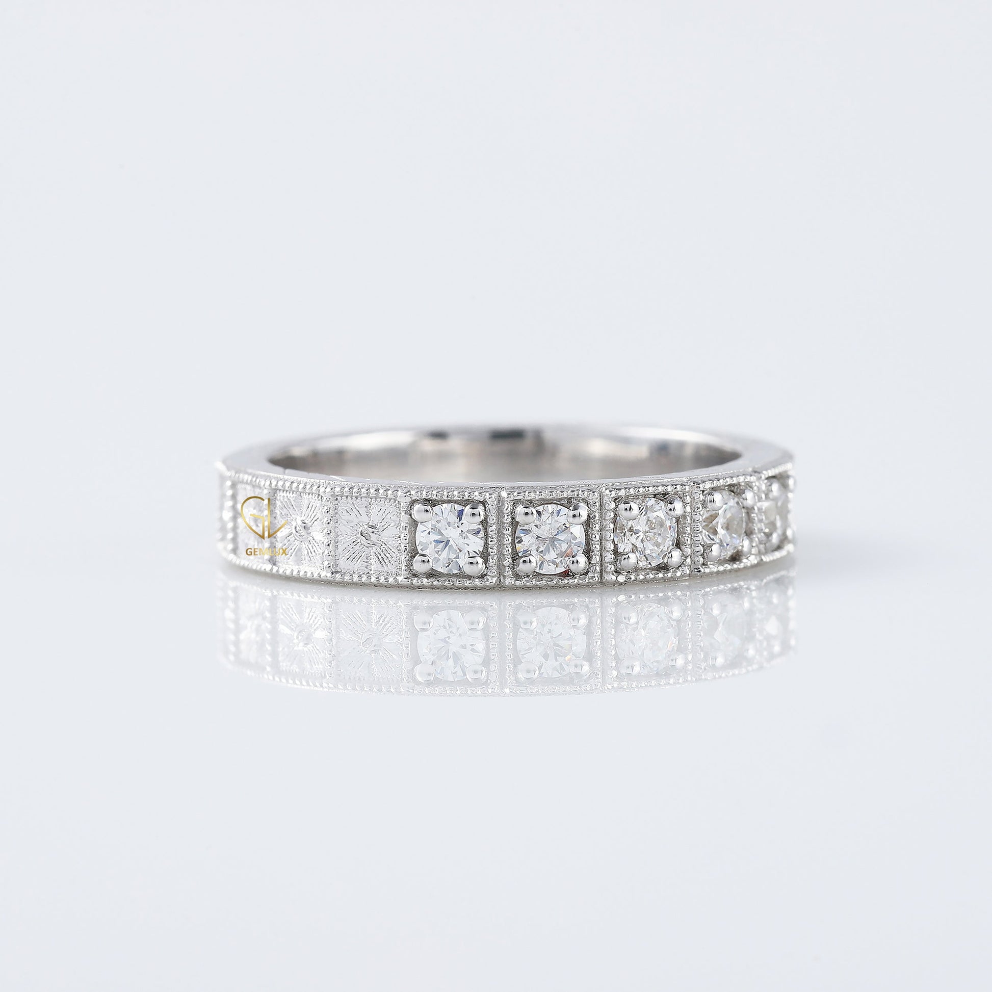 Five Stone Moissanite Antique Milgrain Wedding Band