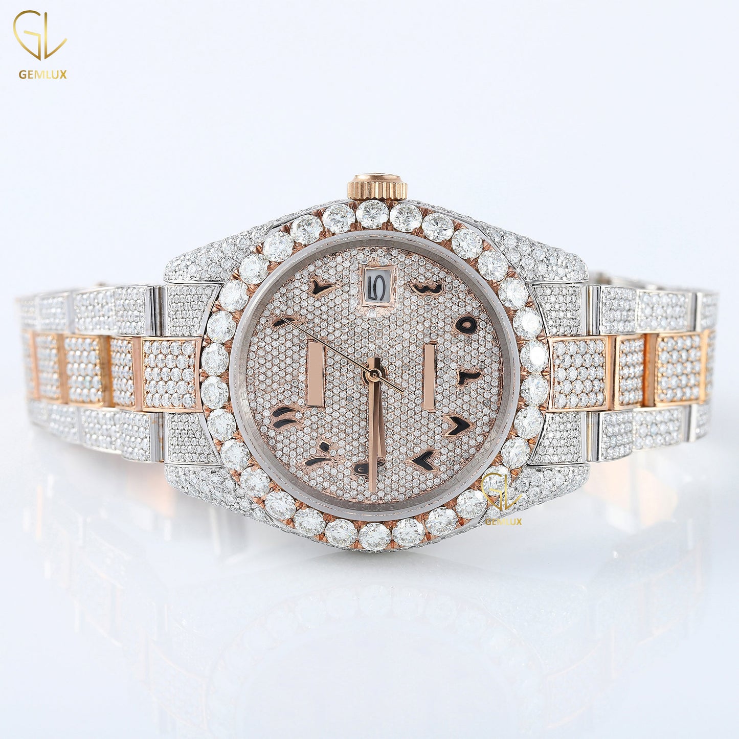 Two Tone Rose Gold Iced Out Arabic Dial Lab Grown Diamond Watch