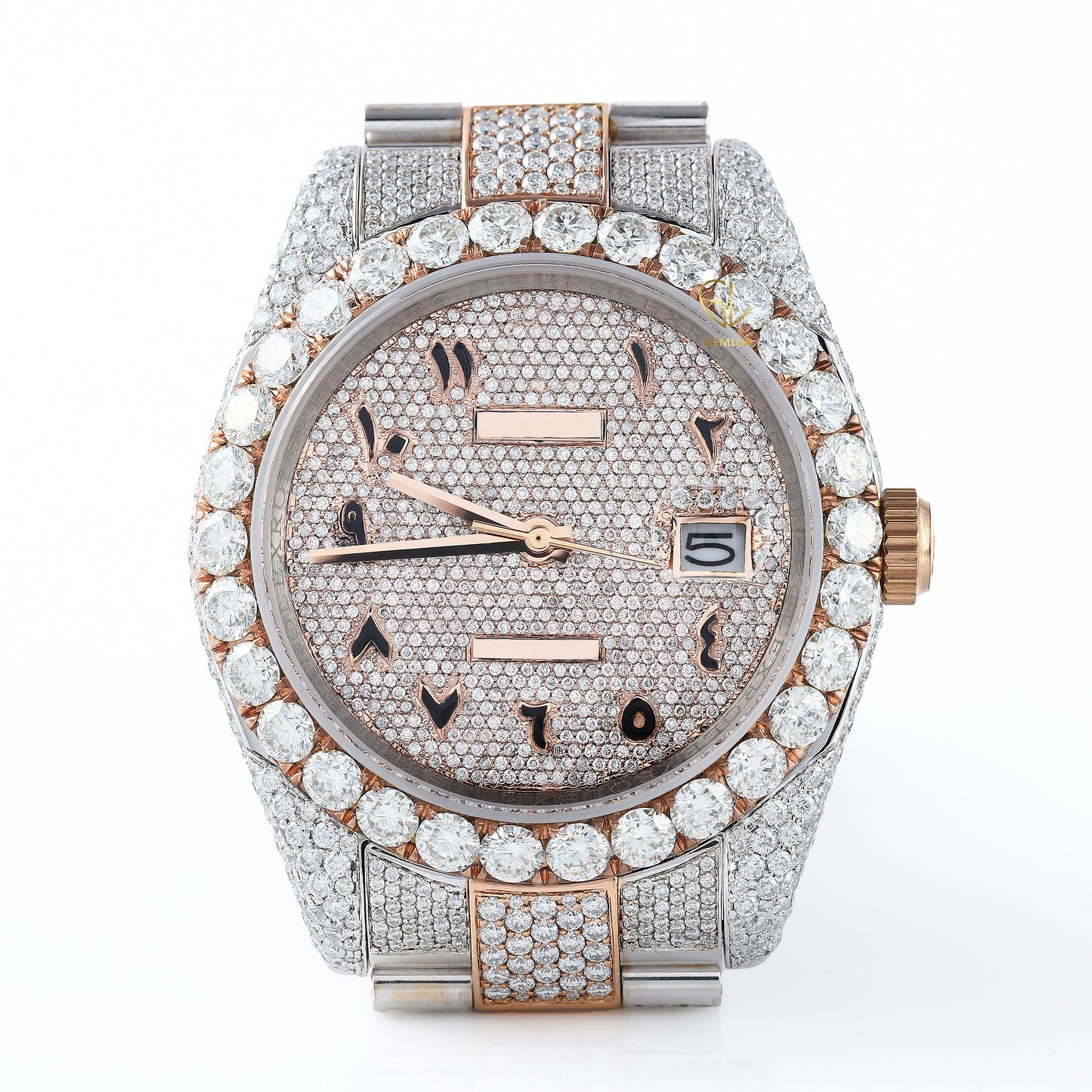 Arabic Dial Iced Out VVS Moissanite Rose Gold Plated Two Tone Watch