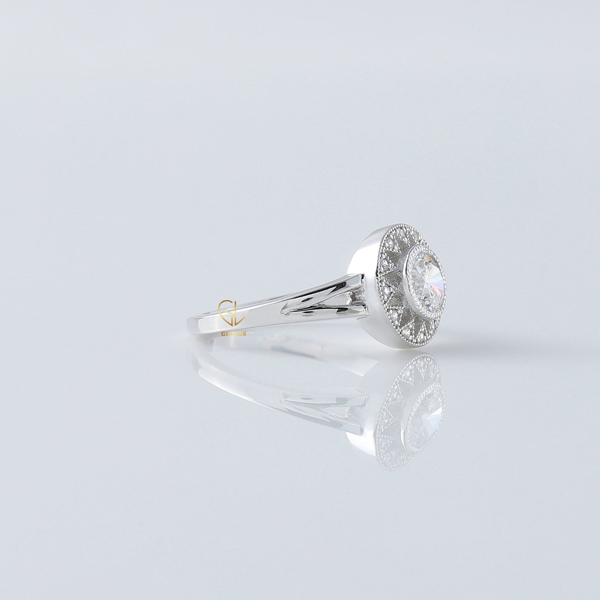 Art Deco Split Shank Round Cut Moissanite Diamond Halo Engagement Ring