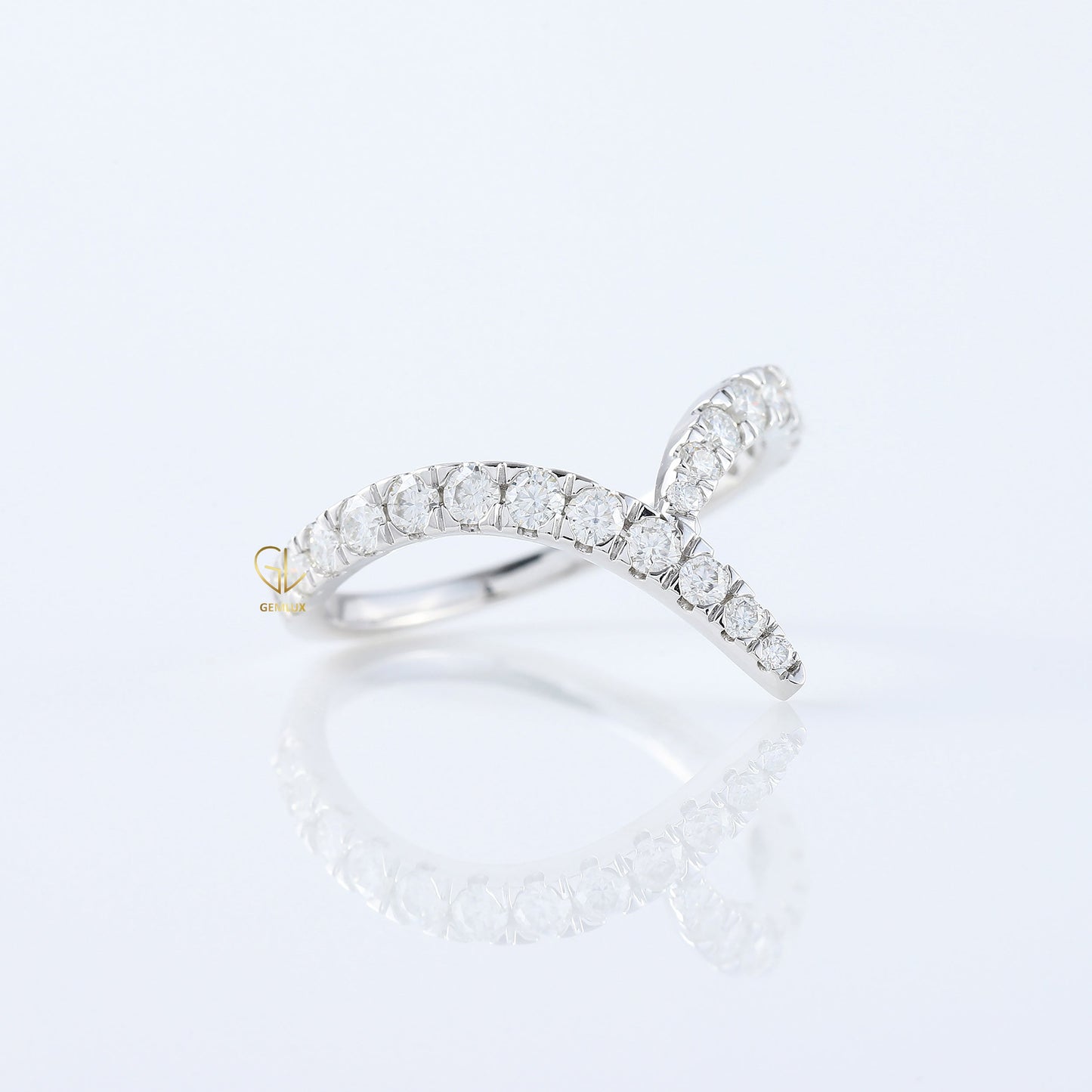 Curved V Shape Round Cut Moissanite Wedding Ring