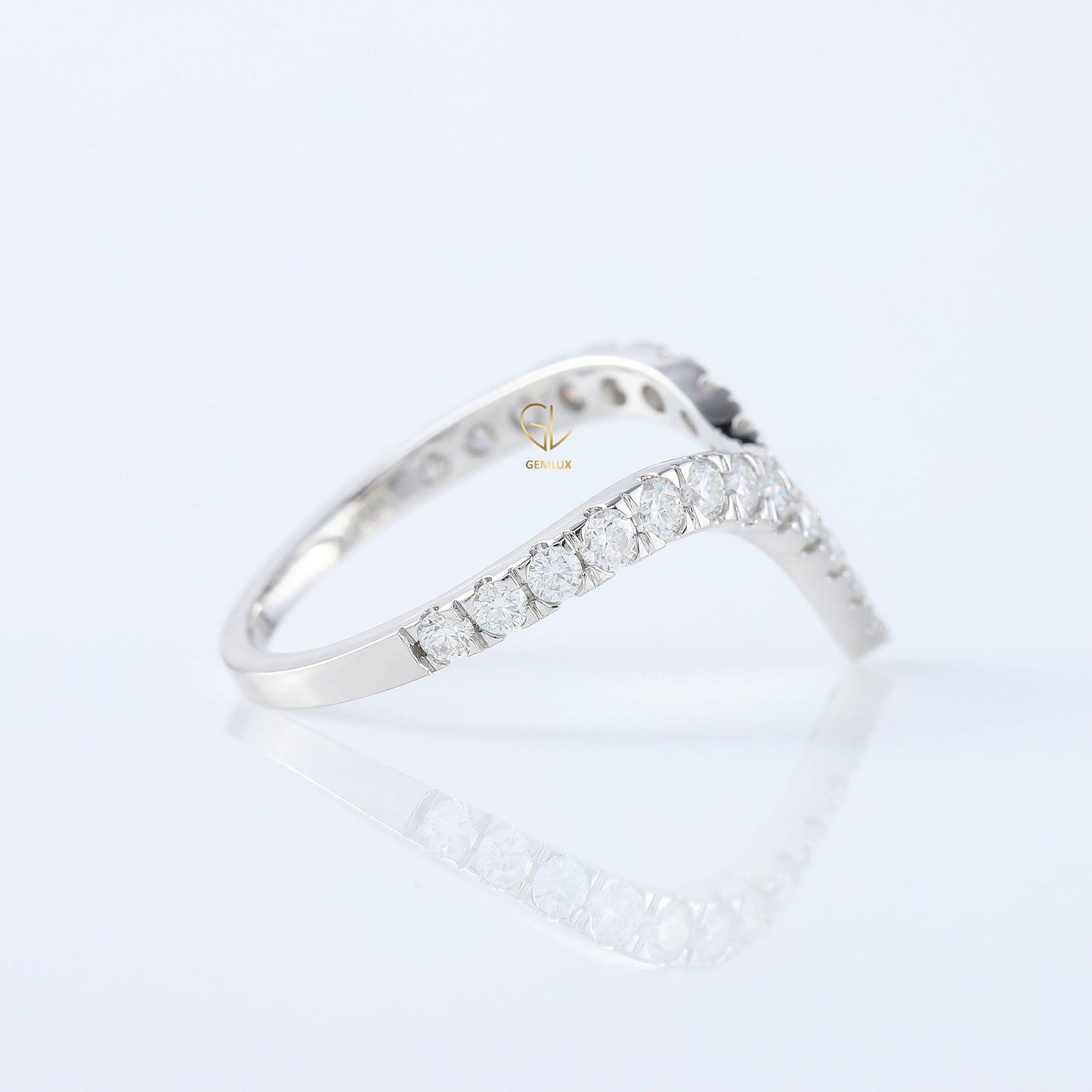 Curved V Shape Round Cut Moissanite Wedding Ring