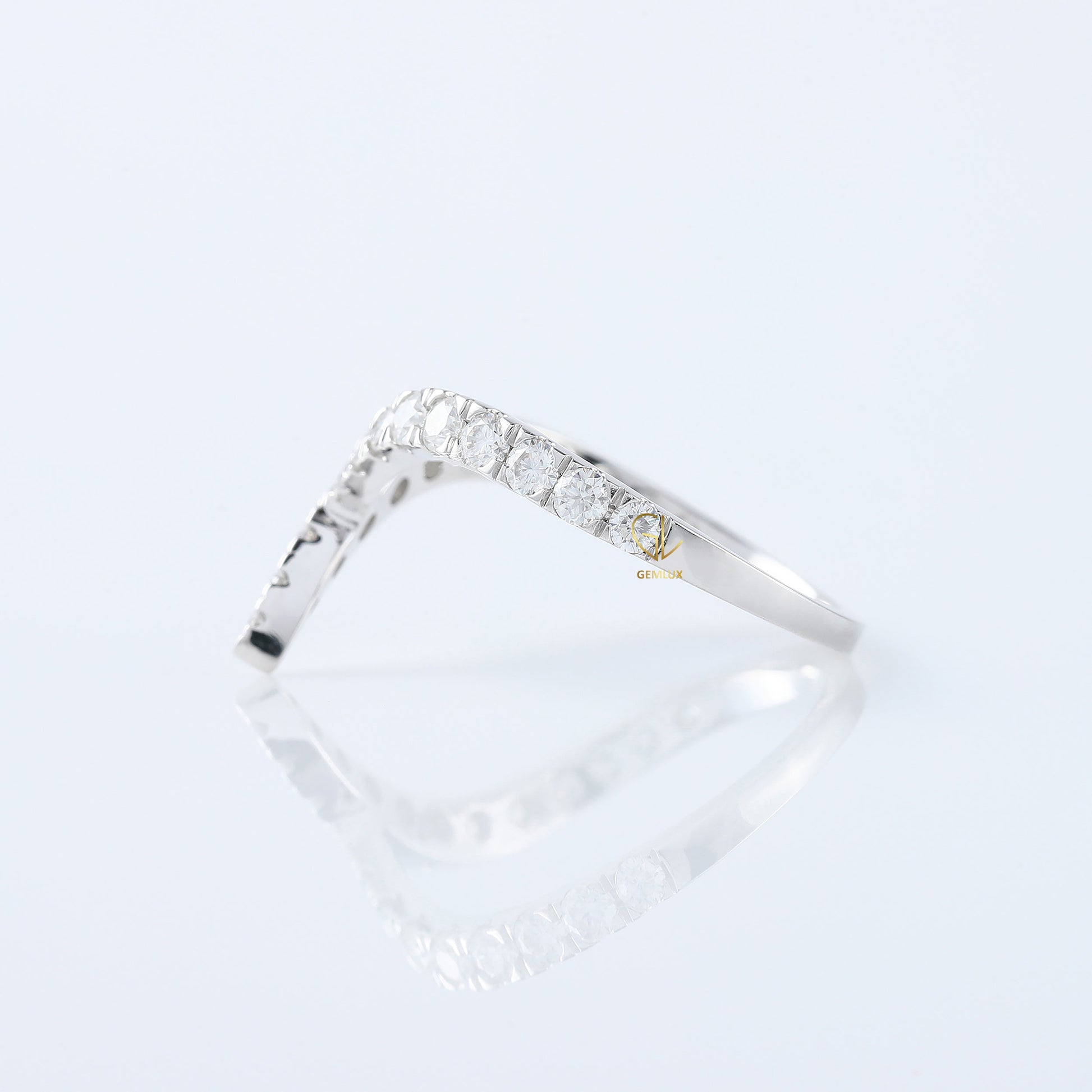Curved V Shape Round Cut Moissanite Wedding Ring