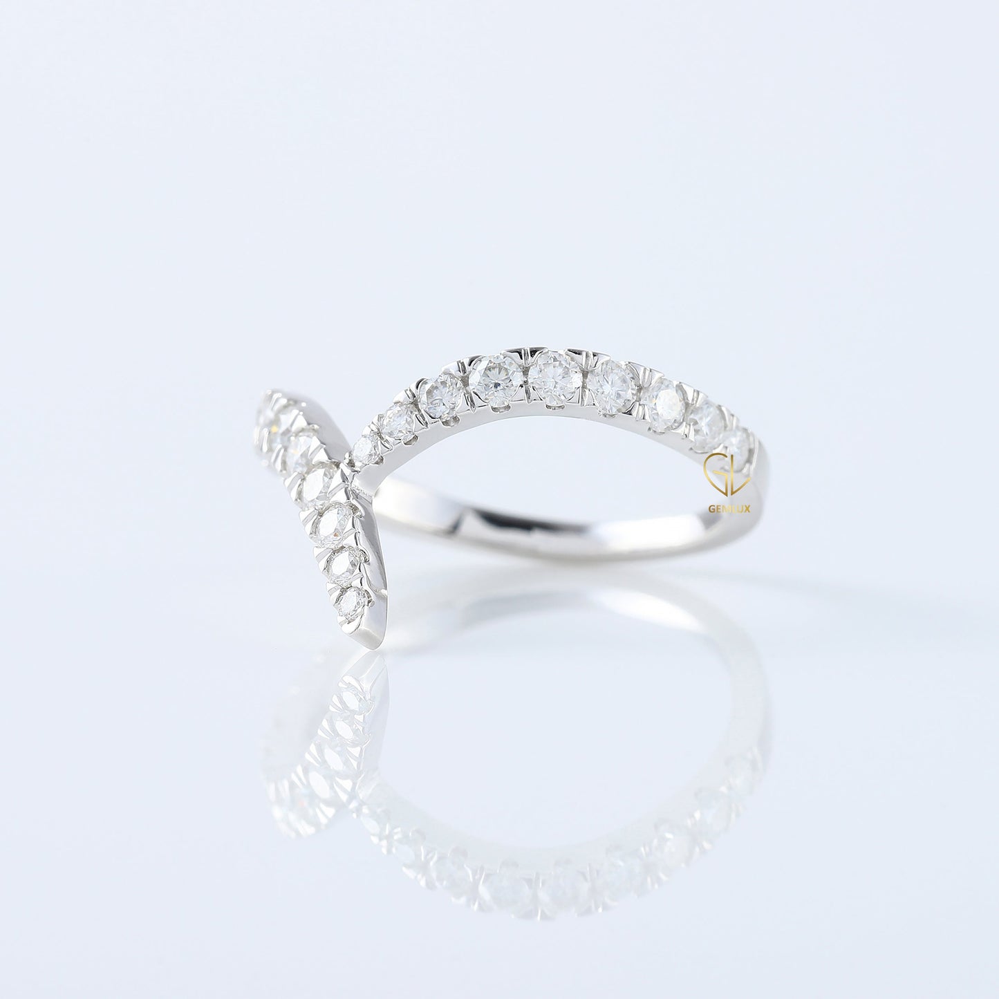 Curved V Shape Round Cut Moissanite Wedding Ring