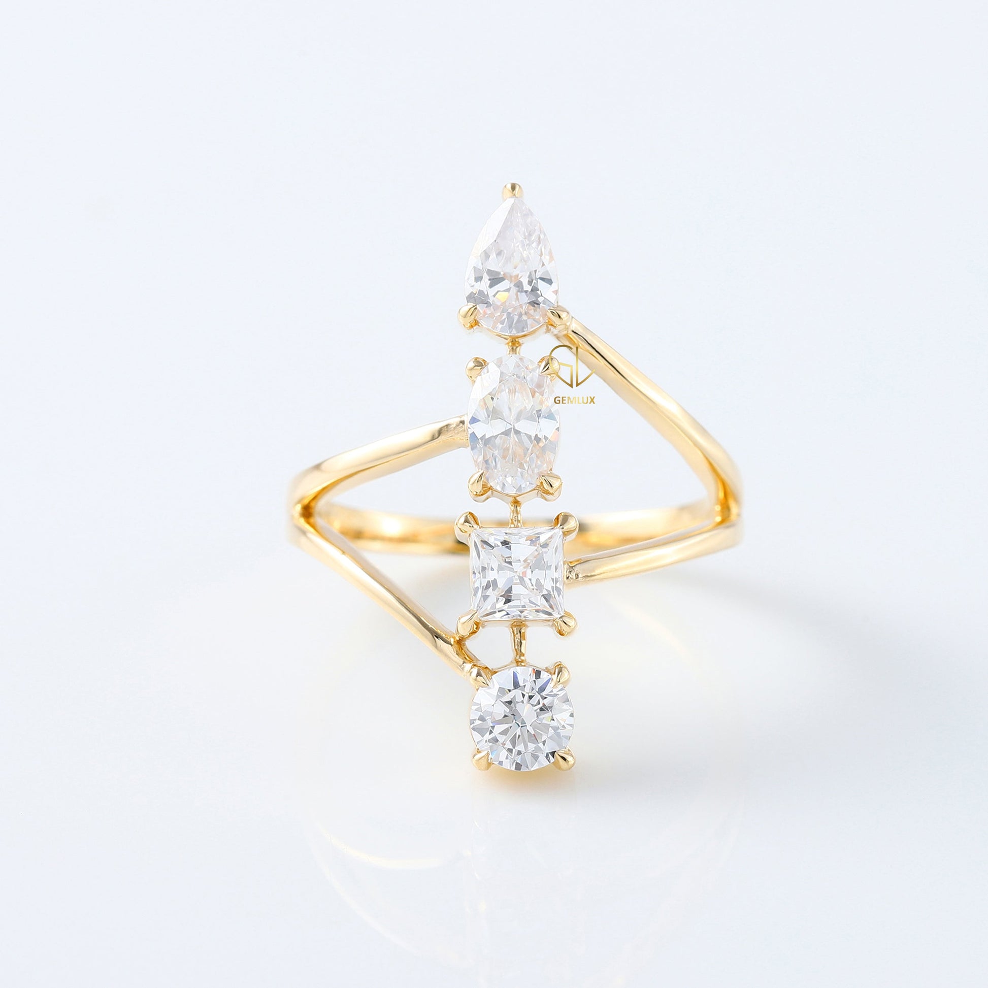 Swirl Bypass Fancy Cut Moissanite Four Stone Engagement Ring