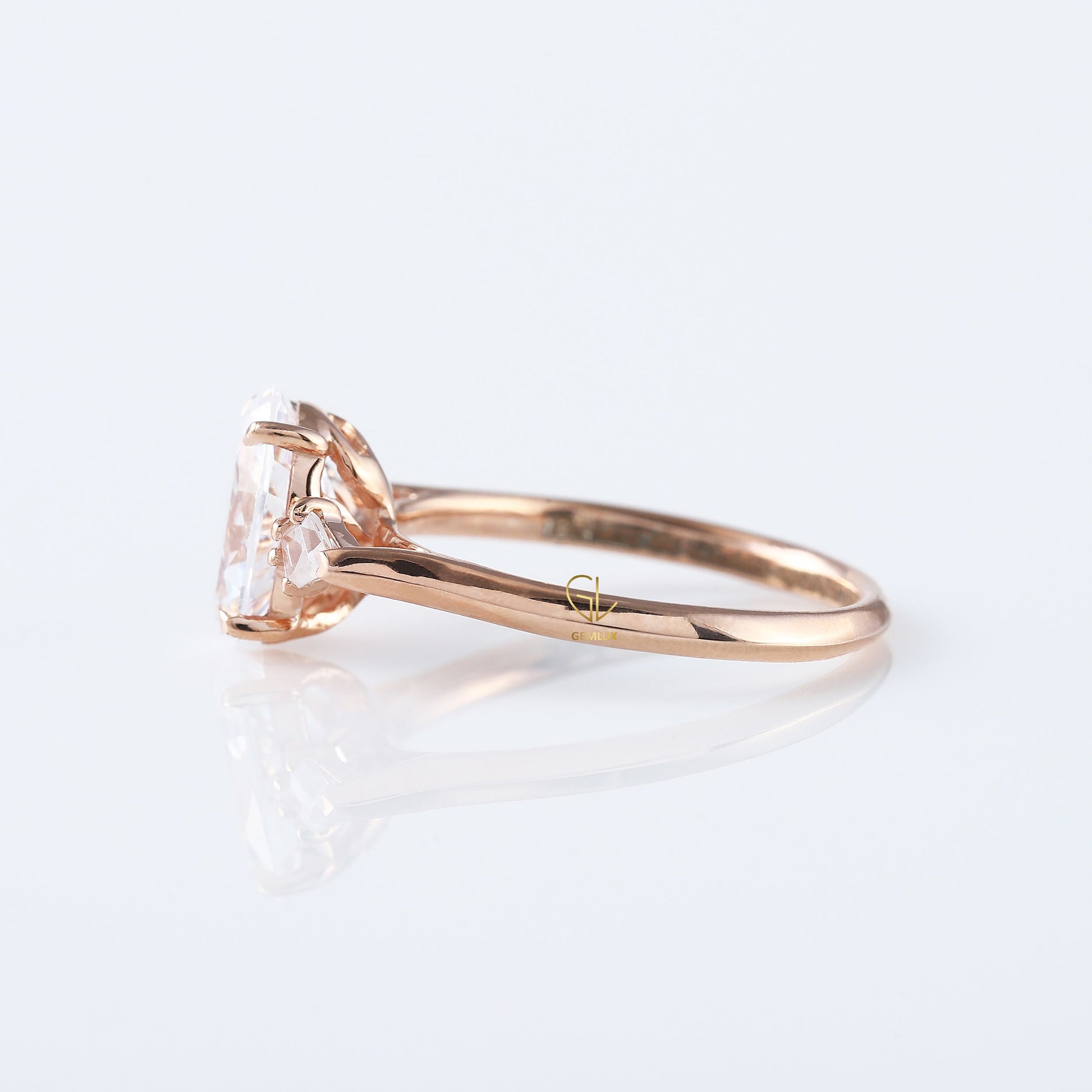 Three Stone Oval Cut Lab Grown Diamond Rose Gold Ring
