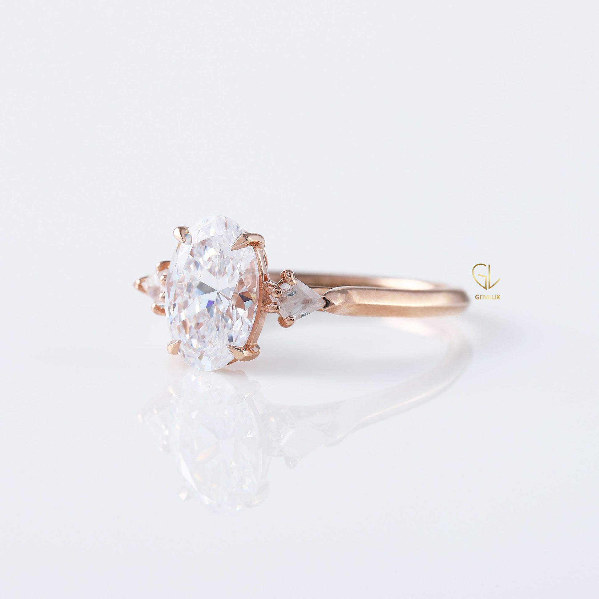 Three Stone Oval Cut Lab Grown Diamond Rose Gold Ring