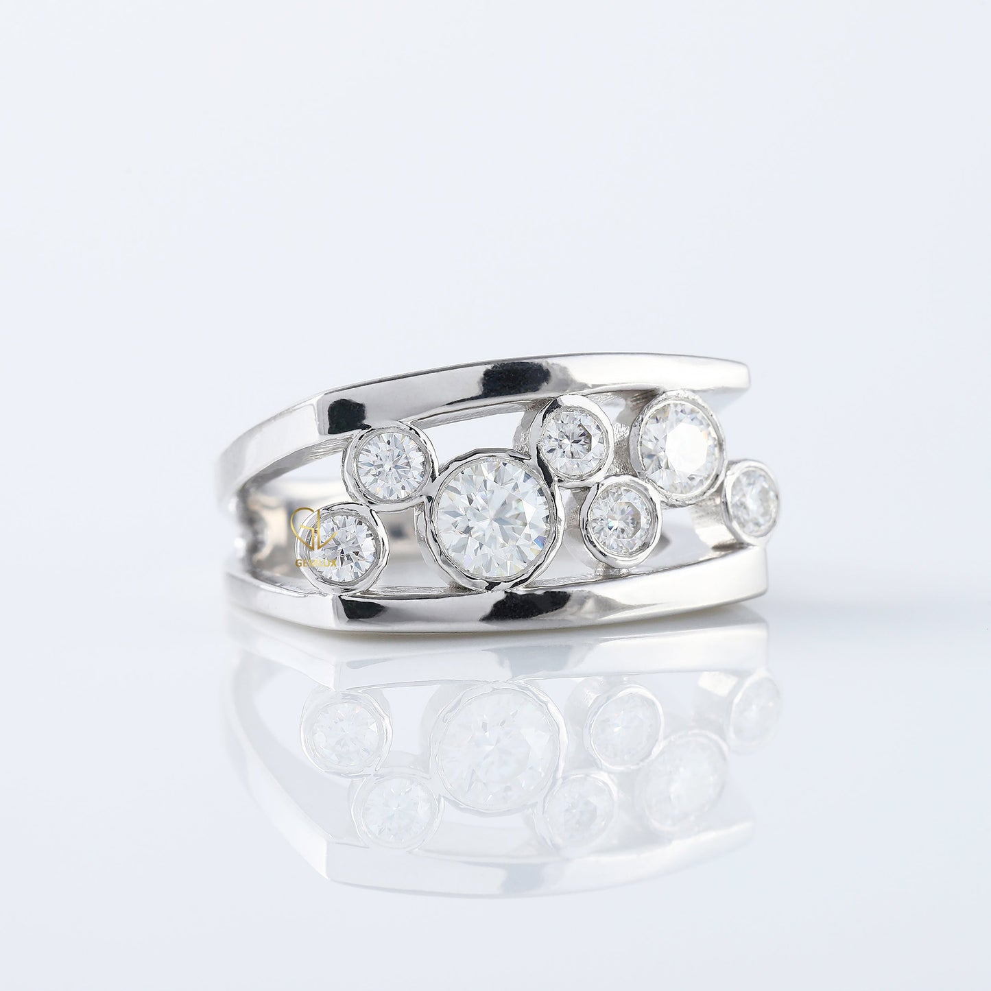 Round Cut Lab Grown Bezel Set Scattered Diamond Wedding Ring