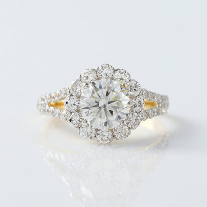 Round Cut Moissanite Split Shank Halo Engagement Ring