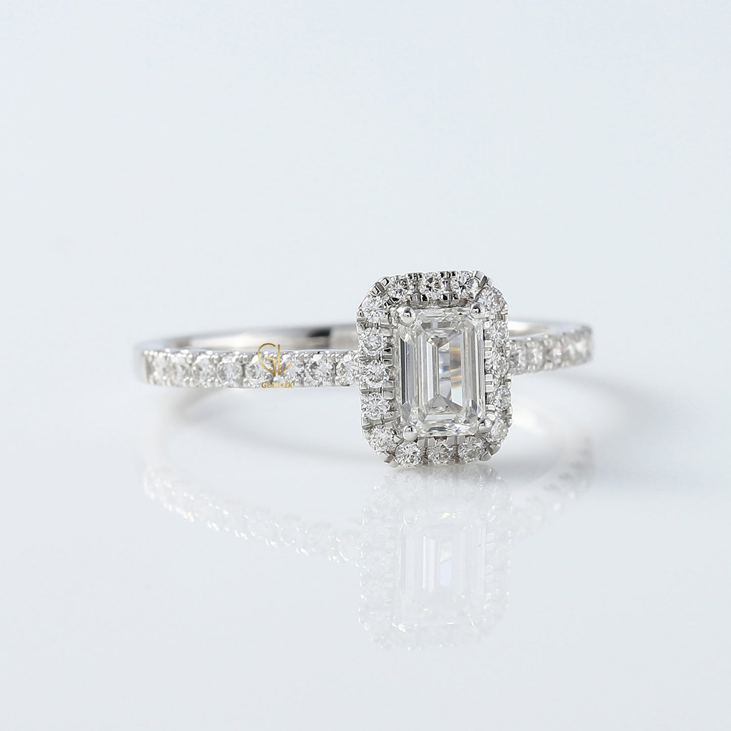 0.50 Ct Emerald Cut Moissanite Halo Engagement Ring