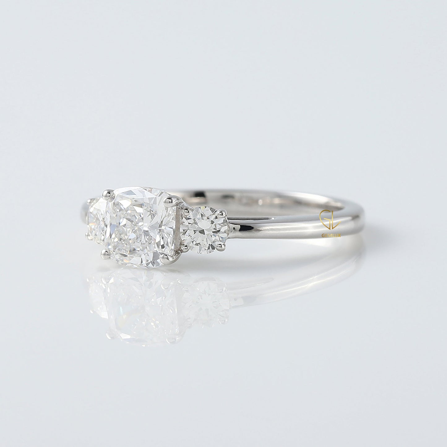 Cushion Cut Lab Grown Diamond Three Stone Engagement Ring