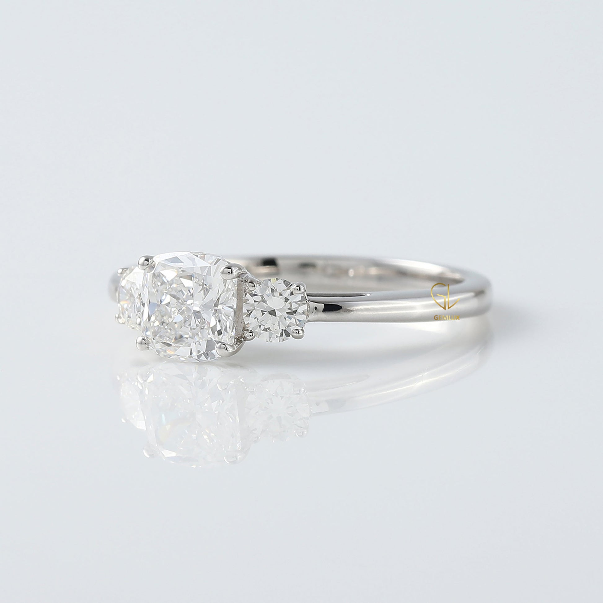 Cushion Cut Moissanite Three Stone Engagement Ring