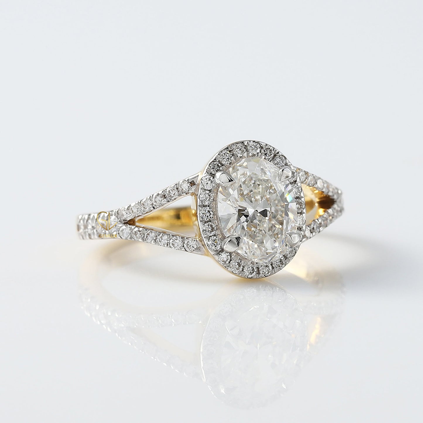 Certified Oval Cut Lab Grown Split Shank Halo Engagement Ring