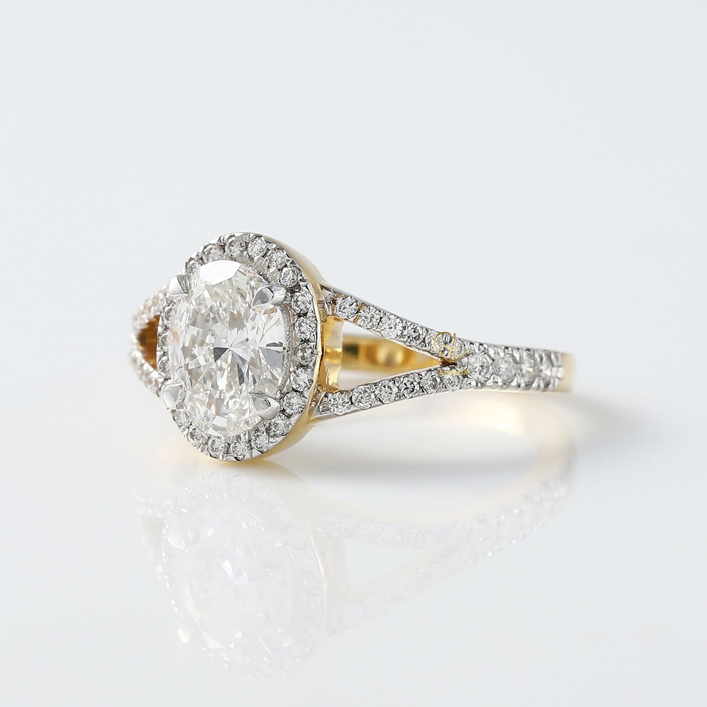 Certified Oval Cut Lab Grown Split Shank Halo Engagement Ring