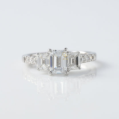 Emerald Cut Lab Grown Diamond Three Stone Engagement Ring
