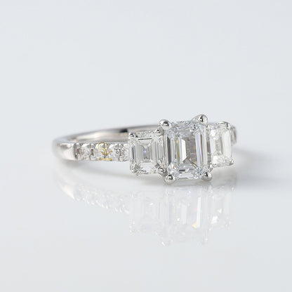 Emerald Cut Moissanite Diamond Three Stone Engagement Ring