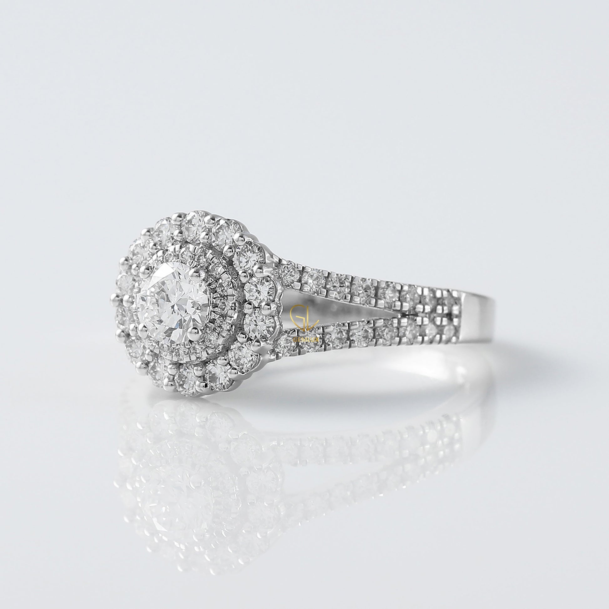 Round Cut Lab Grown Diamond Split Shank Double Halo Engagement Ring