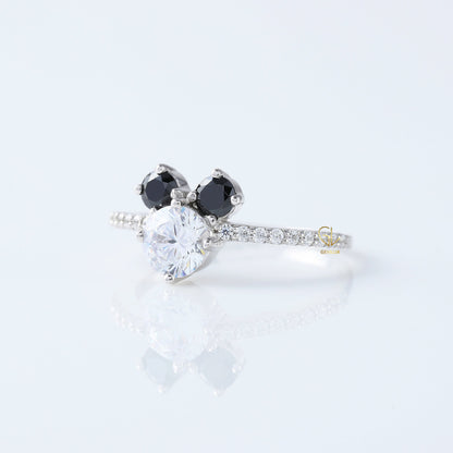 Round Moissanite Three Stone Mickey Mouse Ring