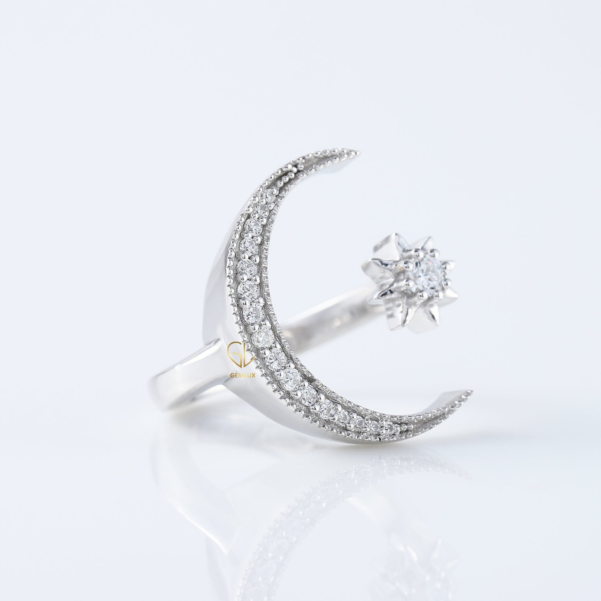 14k White Gold Open Cuff Moon Star Celestial Ring