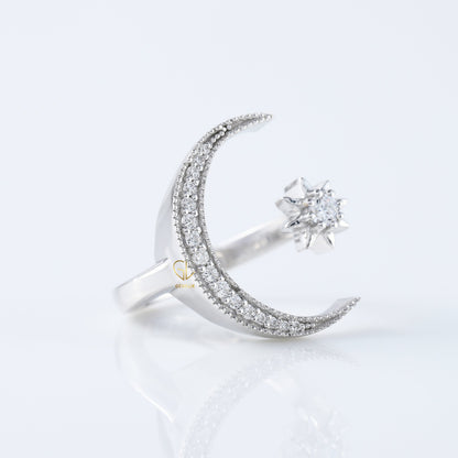 14k White Gold Open Cuff Moon Star Celestial Ring