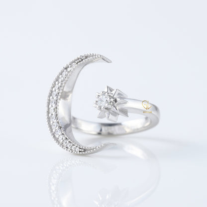 14k White Gold Open Cuff Moon Star Celestial Ring