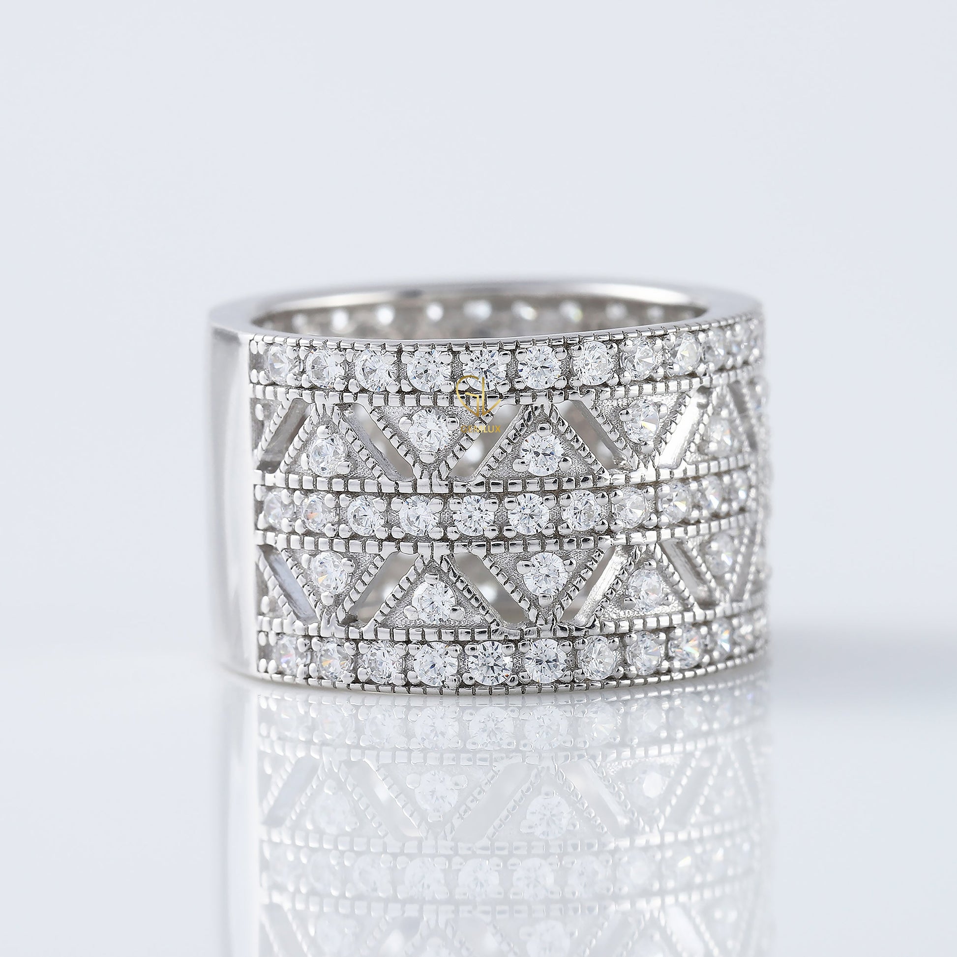 12mm Vintage Style Round Moissanite Art Deco Milgrain Wide Band