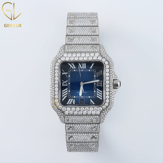 Iced Out Roman Blue Dial D VVS Moissanite Watch