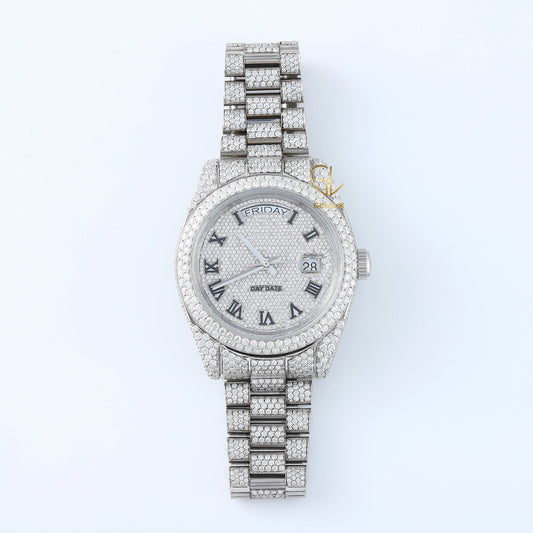 Iced Out Roman Dial Day Date VVS Moissanite Diamond Watch