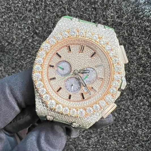 Iced Out VVS Moissanite Chronograph Rubber Strap Watch
