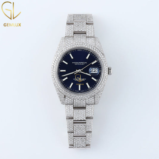 Iced Out VVS Moissanite Diamond Blue Dial Auto Date Hiphop Watch