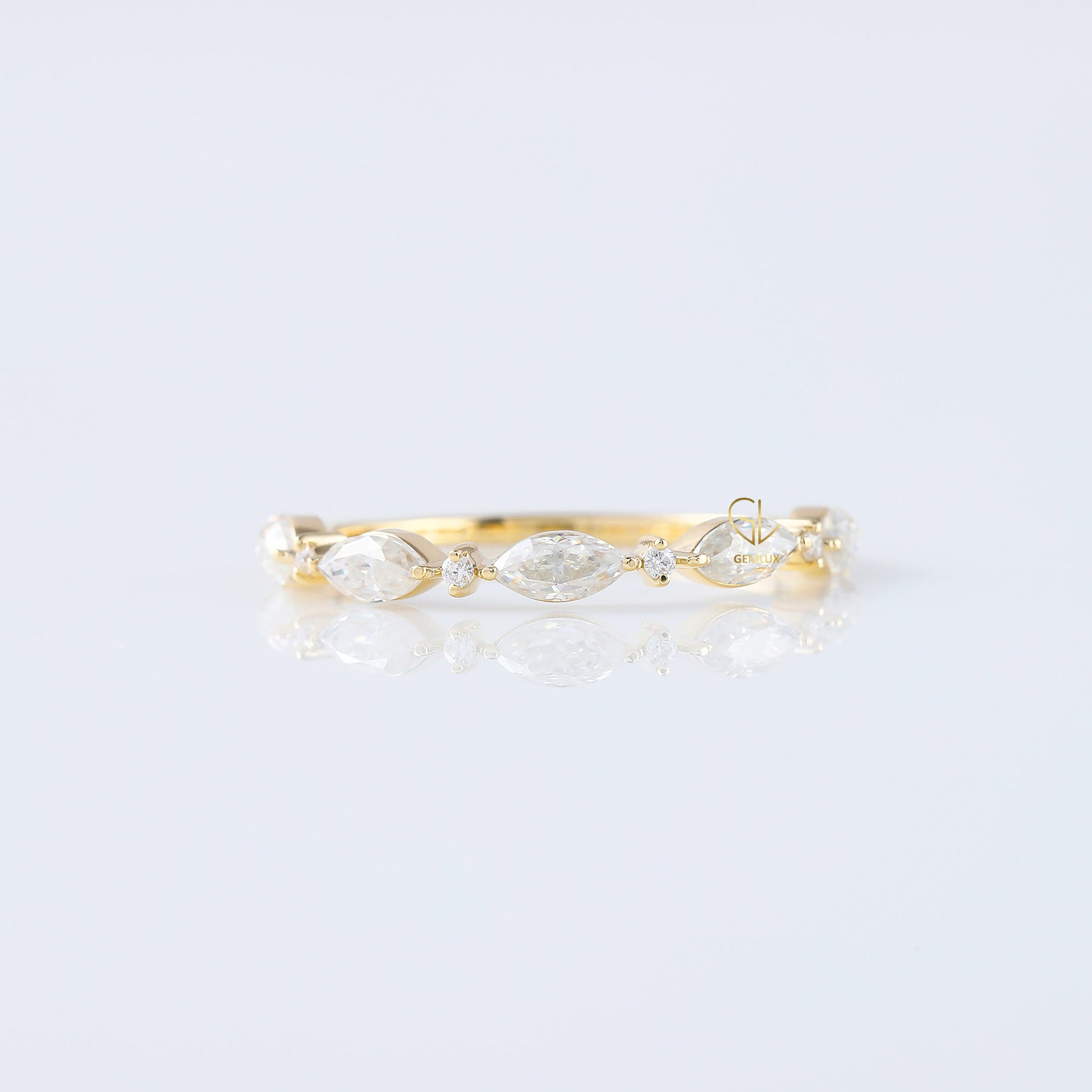 minimalist band, alternative stone eternity band, marquise and round moissanite matching band, yellow gold eternity wedding band
