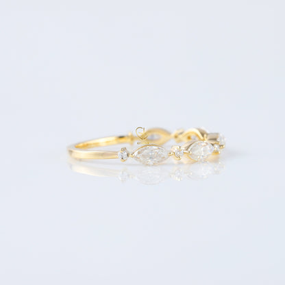 minimalist band, alternative stone eternity band, marquise and round moissanite matching band, yellow gold eternity wedding band; 

