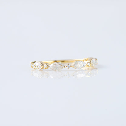 minimalist band, alternative stone eternity band, marquise and round moissanite matching band, yellow gold eternity wedding band; 

