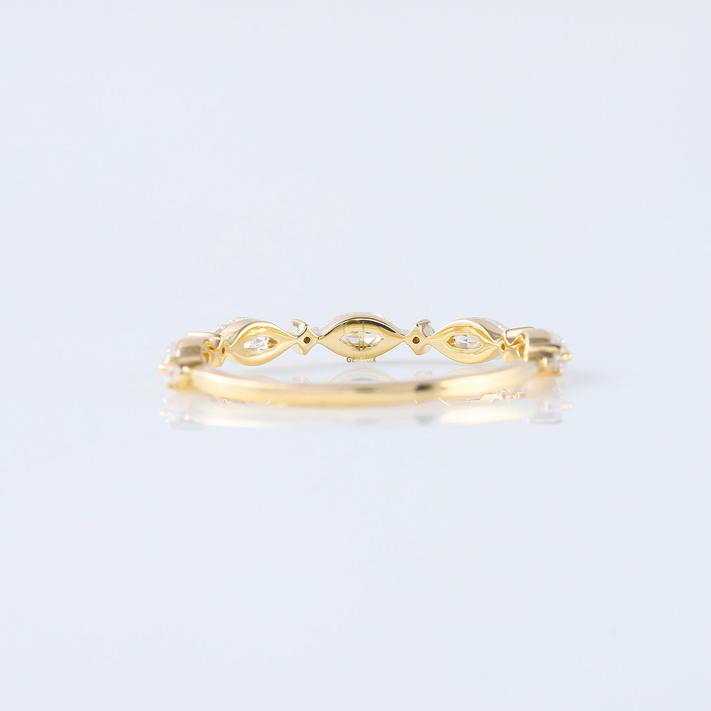 minimalist band, alternative stone eternity band, marquise and round moissanite matching band, yellow gold eternity wedding band; 
