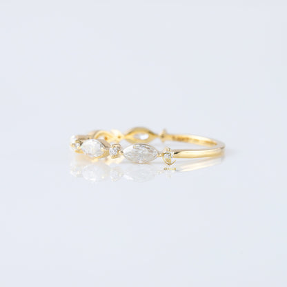 minimalist band, alternative stone eternity band, marquise and round moissanite matching band, yellow gold eternity wedding band; 
